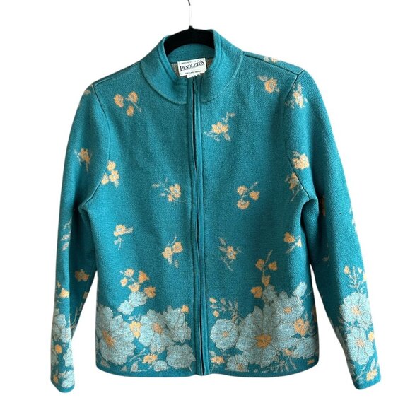 Pendleton Teal Floral Merino Wool Floral Full Zip Cardigan Sweater Size Medium - Picture 1 of 8